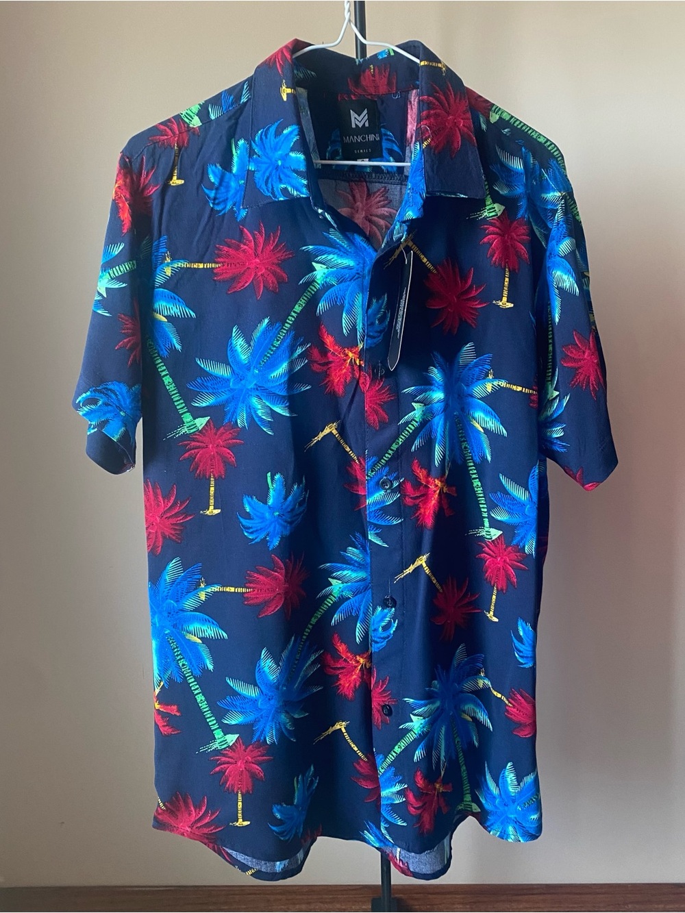 NWT Manchini Tropical Shirt Mens Large G Red Blue Palm Trees Hawaiian Aloha